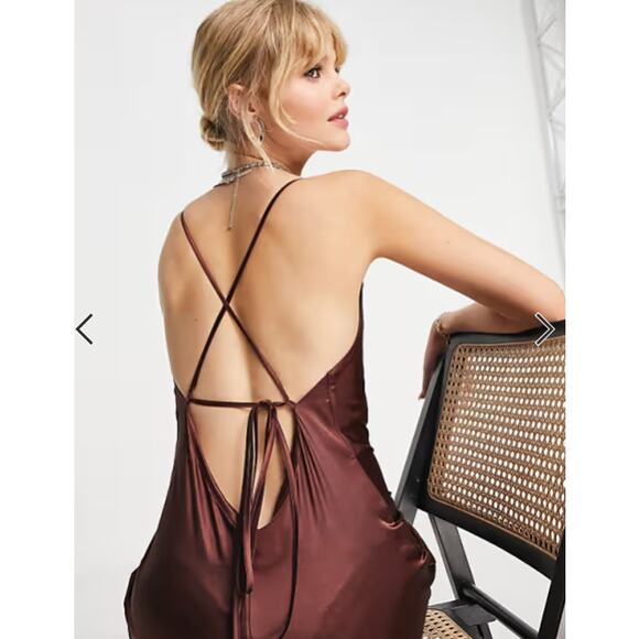 Flounce London Satin Cowl Neck Mini Slip Dress In Chocolate Brown Womens Size 6 - Picture 2 of 11